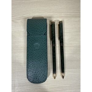 Vintage Waterman Hemisphere Ballpoint Pen & Pencil Set Click Green Marble & Gold